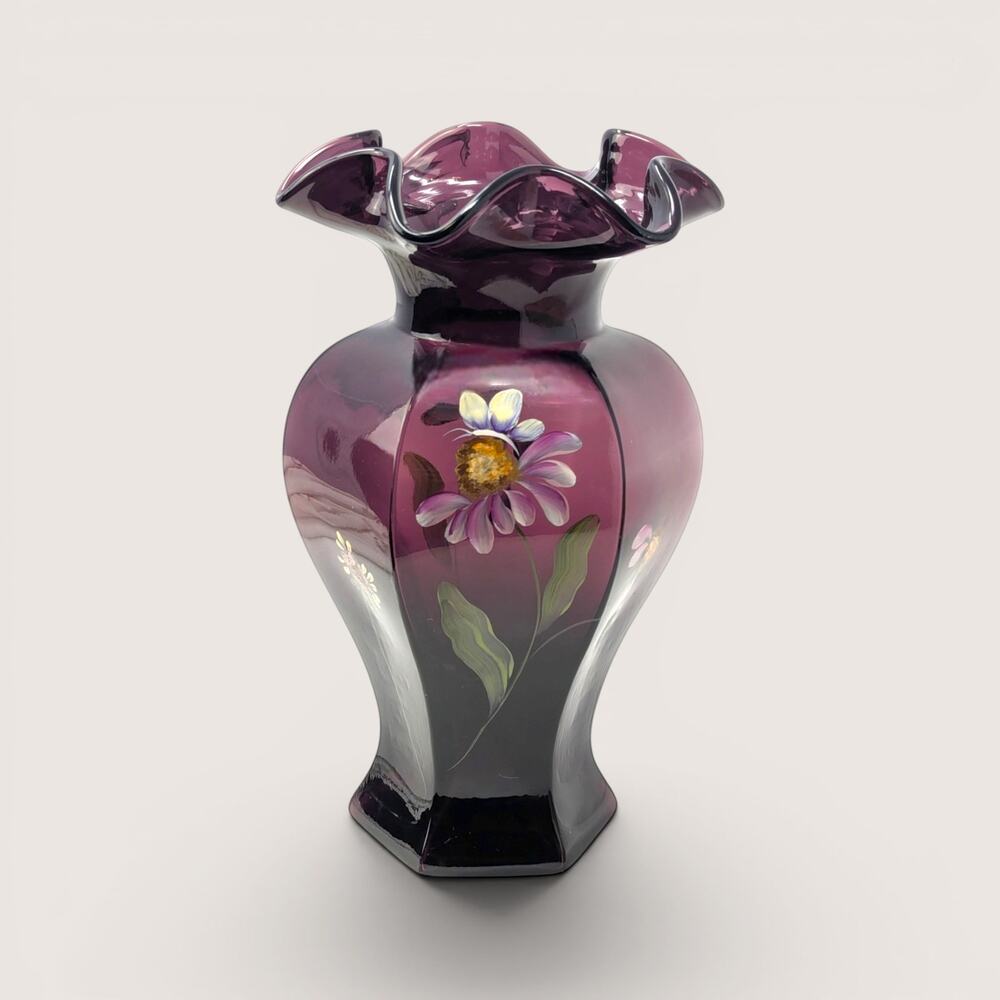 1990s Fenton Mulberry Amethyst Glass Ruffled Vase Hand Painted S Hughes